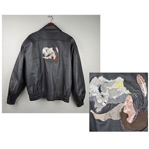 BURKS BAY Genuine Leather Bomber Jacket Map Print inside Embroidered Black Wm XL